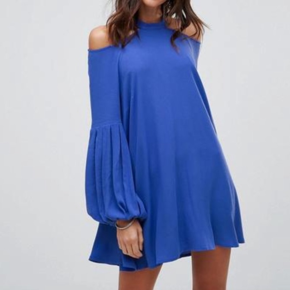 FREE PEOPLE Blue trapeze off shoulder long sleeve dress